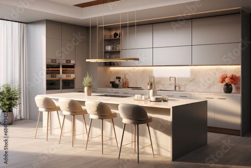 Modern and contemporary kitchen design with LED and sleek design. Details of interior design, generative ai, render 3d photo