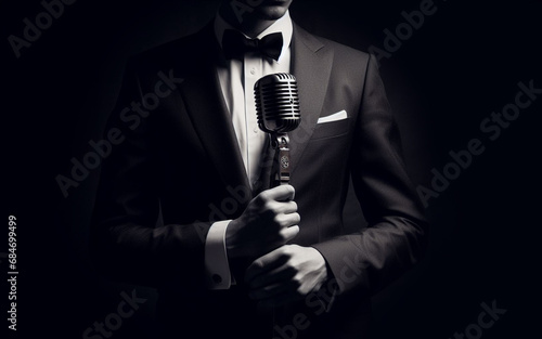 old fashioned male singer Man in a suit holding an antique microphone on a black background photo