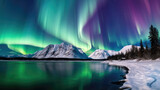 Spectacular Northern Lights Aurora Borealis illuminating winter sky over snowy landscape.