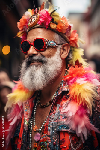 Mardi Gras celebration scene with costumed senior man in foreground with feathers and vibrant colors, AI generated image.