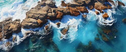 an aerial shot that shows a rocky shoreline and ocean