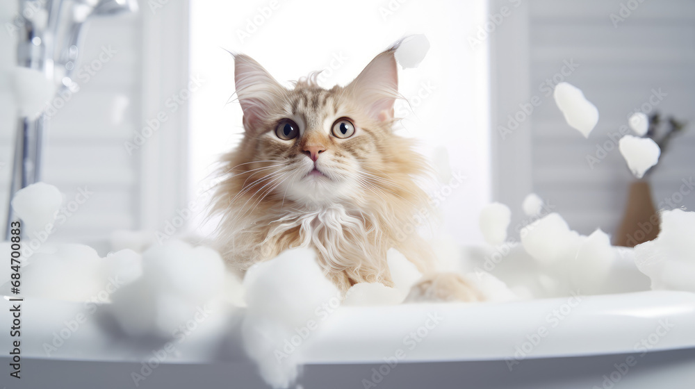 Cute beige cat takes a bubble bath. Creative banner to advertise shampoo or gel pet wash, kitten flea shampoo, cleanliness.