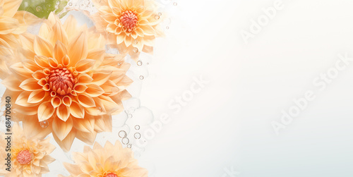 Ginger dahlia flowers on a white background with copy space, Top view, Flat lay minimal creative floral concept, Generative AI