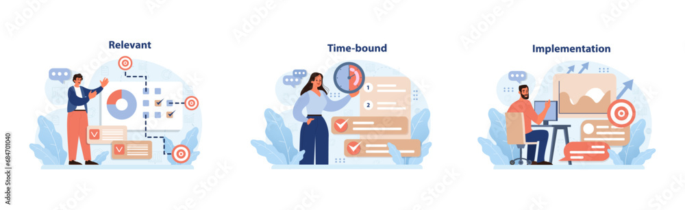SMART goals set. Professionals define targets. Relevant tasks, time-bound objectives, successful project implementation. Measuring progress, setting deadlines, action plan initiation. Flat vector SMART goals set. Professionals define targets. Relevant tasks, time-bound objectives, successful project implementation. Measuring progress, setting deadlines, action plan initiation. Flat vector