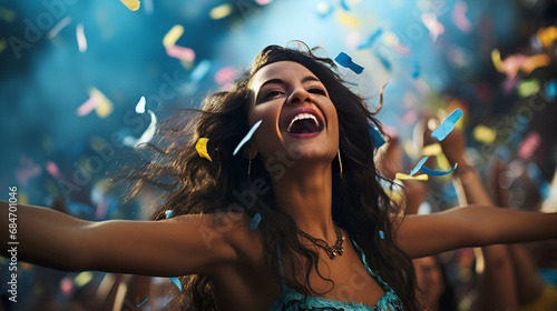 woman dancing in the nightclub, a street market with fruits, Friends dancing to confetti rain at outdoor festival.
