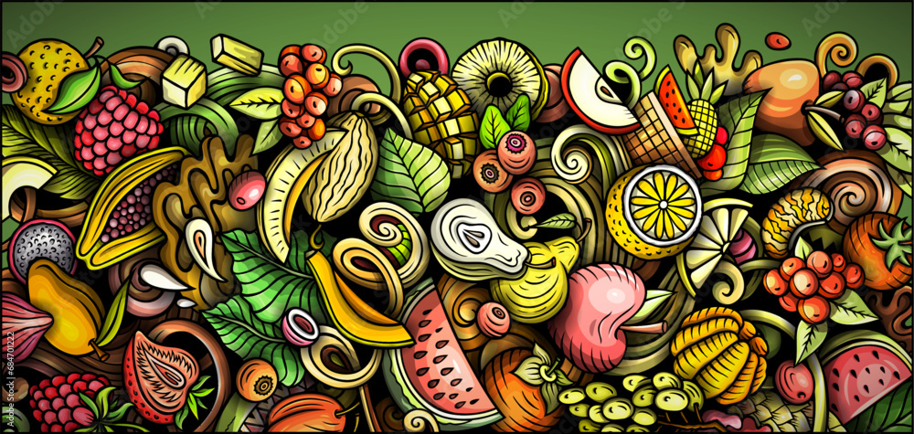 Fototapeta premium Cartoon vector doodle Fresh Fruits banner background