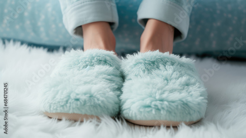 Female feet in nice warm fuzzy soft blue slippers. Clothes and shoes for home, warm slippers for cold weather.