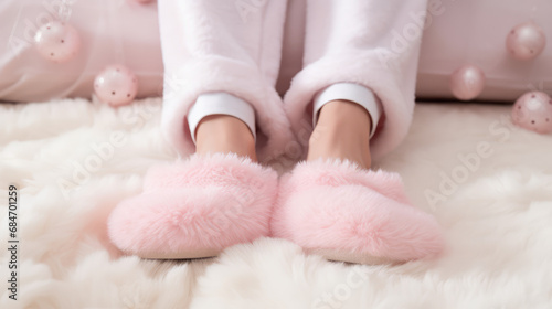 Female feet in nice warm fuzzy pink soft slippers. Clothes and shoes for home, warm slippers for cold weather.