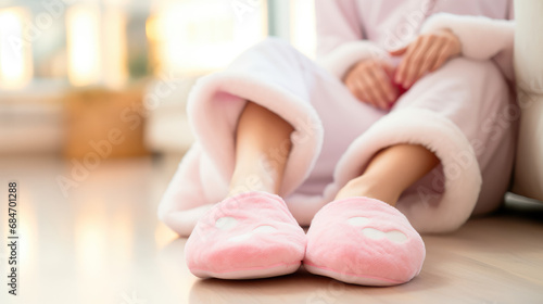 Female feet in nice warm fuzzy soft slippers. Clothes and shoes for home, warm slippers for cold weather. photo