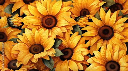 Vibrant sunflower pattern for seamless botanical backdrop. Floral design and nature.