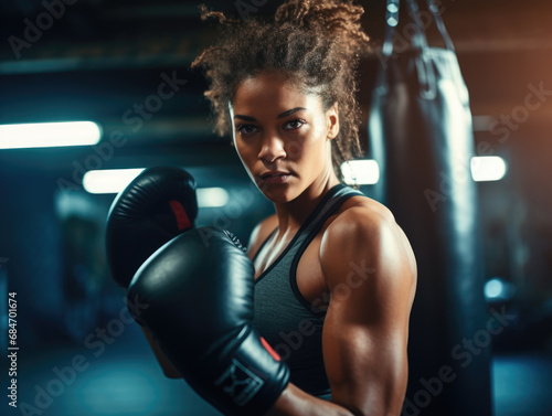 A focused woman with boxing gloves training at a gym. © Anna