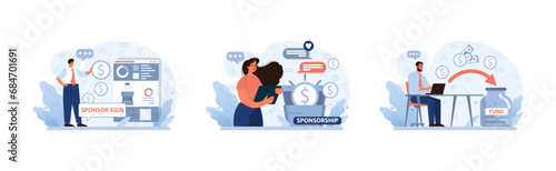 Sponsorship set. Professionals explore funding avenues. Man showcases online donations, woman navigates web sponsorships, and a man manages monetary contributions. Modern digital fundraising