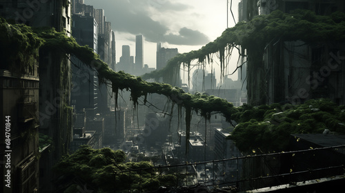 Dystopian cityscape overtaken by nature, with vines and greenery reclaiming skyscrapers, conveying a post-apocalyptic but serene vibe