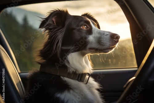 Amidst the car ride, the dog's focused gaze on the unfolding landscape imparts a serene and peaceful atmosphere © Radmila Merkulova