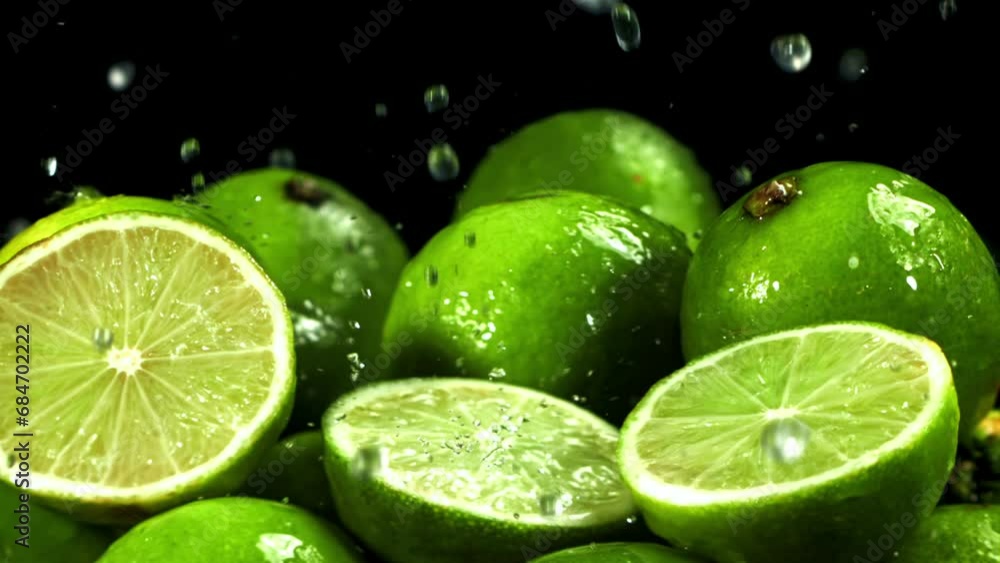 Drops of water fall on a cut lime. Filmed on a high-speed camera at 1000 fps. High quality FullHD footage Drops of water fall on a cut lime. Filmed on a high-speed camera at 1000 fps. High quality FullHD footage
