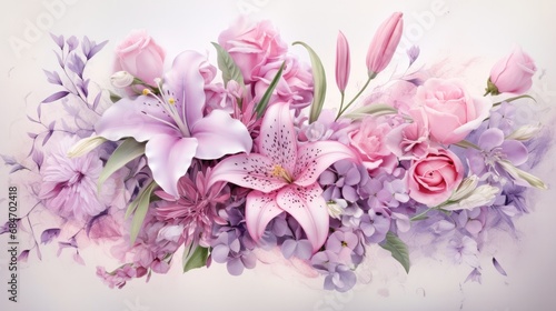 Elegant floral arrangement with pink and purple blossoms. Spring and beauty.