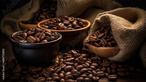 Fresh tasty coffee grains in brown old sack