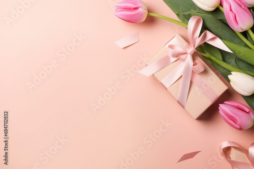 Heartwarming flat lay with tulips, gift, celebrating Mother's Day and International Women's Day (8 March)