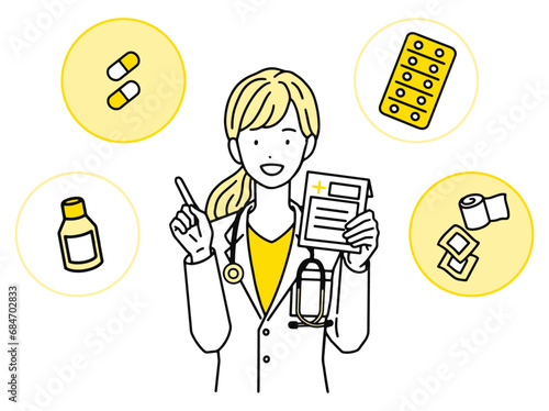 薬の説明をする女性医師・薬を手に持ち指差しをする医者