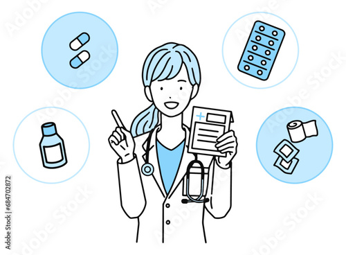 薬の説明をする女性医師・薬を手に持ち指差しをする医者
