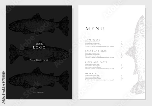 Fish restaurant menu template with hand-drawn fish. Sample design in vintage engraving style. Brand style vector illustration. Vector menu brochure template for cafe, coffee house, restaurant, bar. 