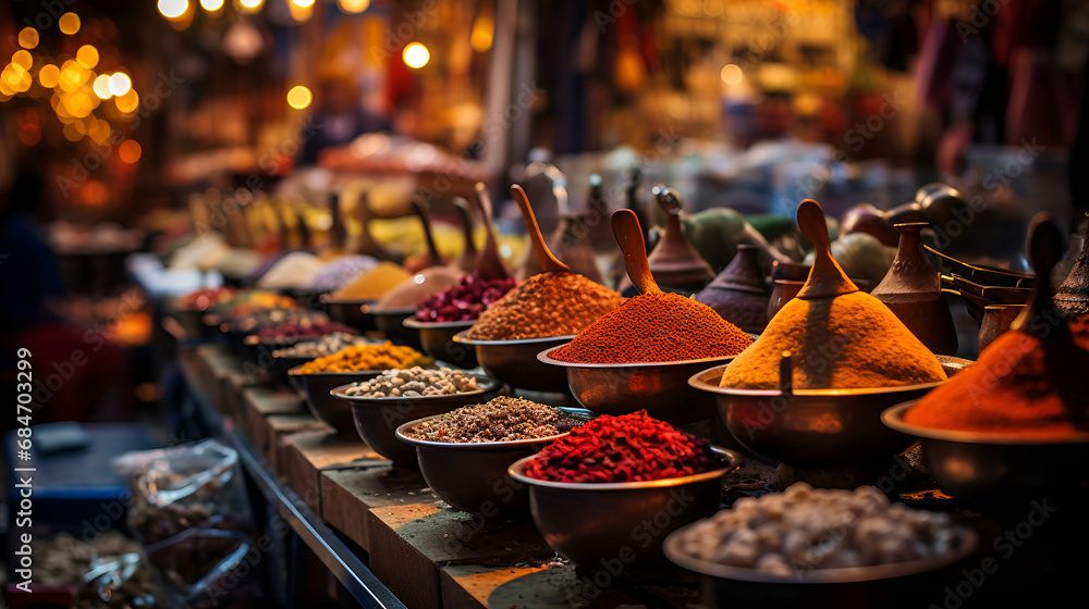 spices in the market, A traditional spice market in Marrakech, Morocco, with a kaleidoscope of fragrant spices and herbs. Concept of culinary delights in the Near East. Generative ., spices at the mar - obrazy, fototapety, plakaty 