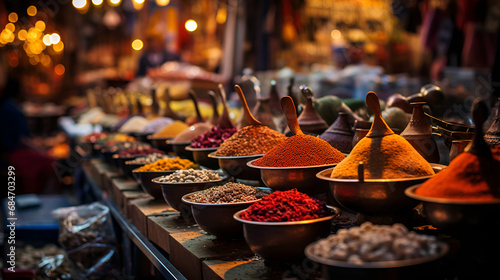 spices in the market, A traditional spice market in Marrakech, Morocco, with a kaleidoscope of fragrant spices and herbs. Concept of culinary delights in the Near East. Generative ., spices at the mar
