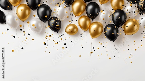 Shiny golden black and silver balloons arrangement on the wall for birthday celebration