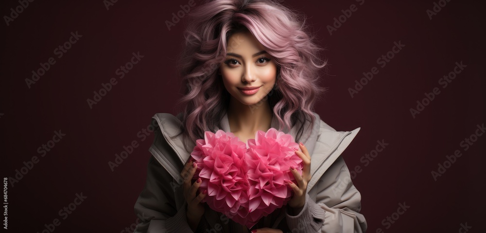 Asian woman holding pink heart