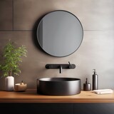 The minimalist interior design of modern bathroom in the style of a black basin and chrome faucet on wall mounted wooden countertop near tiled wall. 