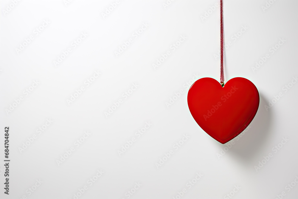 A red heart hanging from a string on a white wall A red heart hanging from a string on a white wall