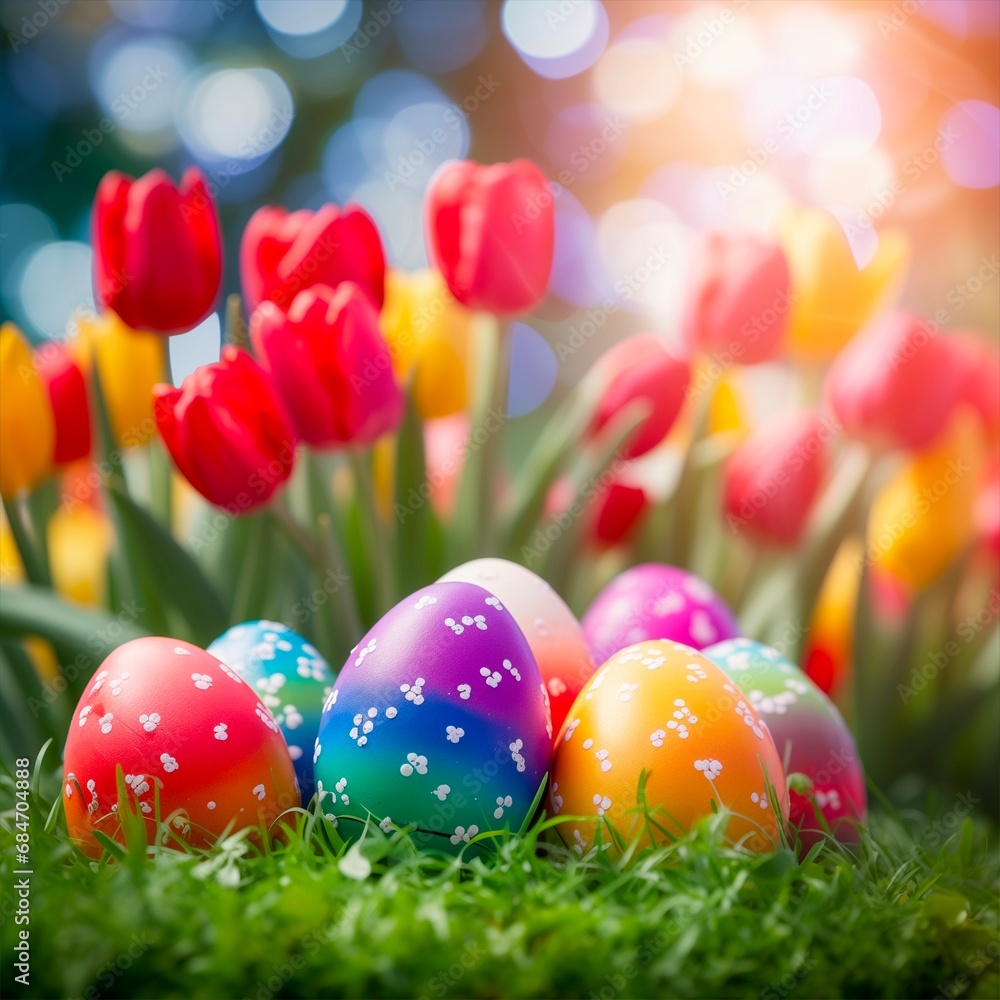 Easter eggs with tulip flowers in the background with blurred bokeh.