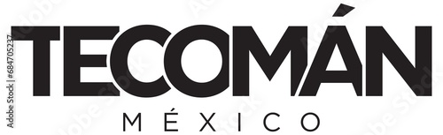 Tecoman in the Mexico emblem. The design features a geometric style, illustration with bold typography in a modern font. The graphic slogan lettering.