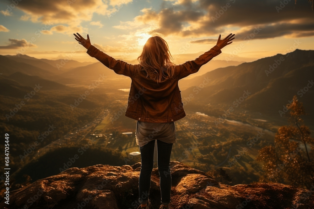 Young woman with open arms on top of mountain