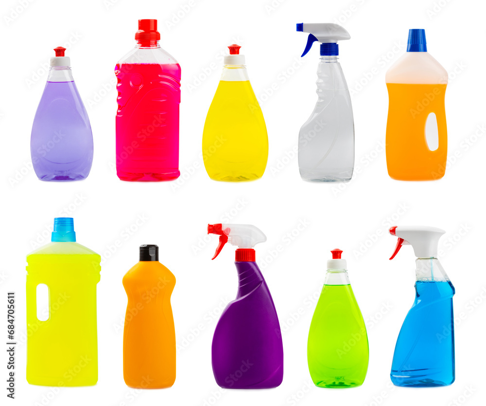 Set of cleaning products for home cleaning isolated on white background. Cleaning concept. Close-up. Rainbow.