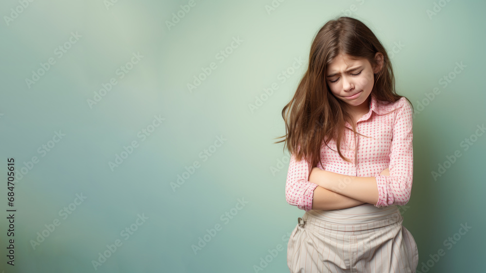 Brunette little girl wincing in pain and hand rubbing stomach Brunette little girl wincing in pain and hand rubbing stomach