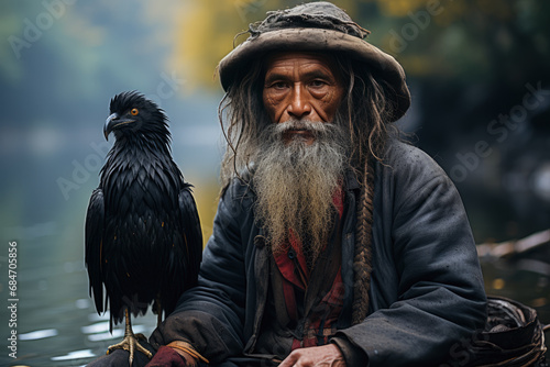 Portrait of a Guangxi Zhuang man on a river with a cormorant in his fishing boat