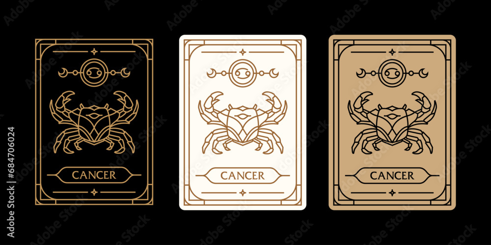 cancer zodiac sign astrology cards set , horoscope, tarot, fortune teller. Vintage mystical illustration outline hand drawing, magical esoteric horoscope templates for wall print poster
