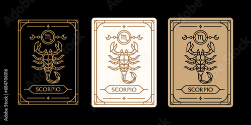 scorpio zodiac sign astrology cards set , horoscope, tarot, fortune teller. Vintage mystical illustration outline hand drawing, magical esoteric horoscope templates for wall print poster