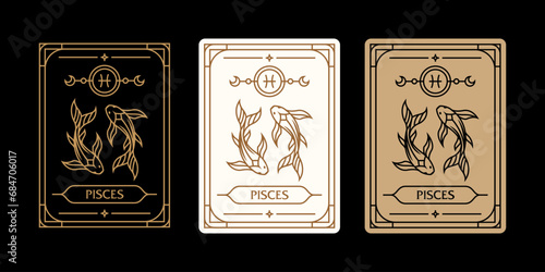 pisces zodiac sign astrology cards set , horoscope, tarot, fortune teller. Vintage mystical illustration outline hand drawing, magical esoteric horoscope templates for wall print poster