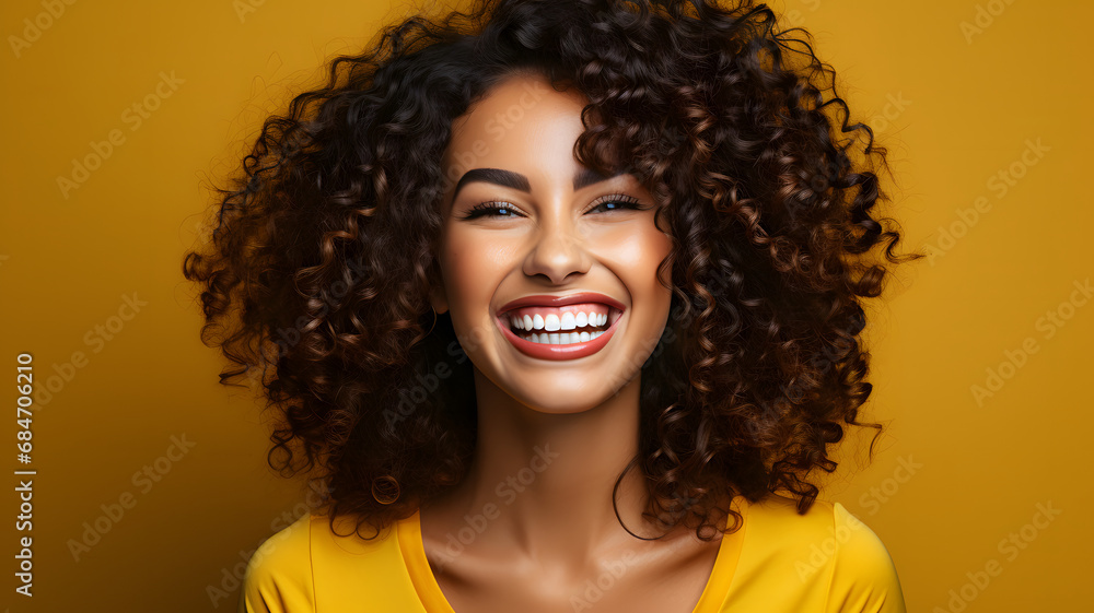 Photo portrait smiling laughing small woman copyspace isolated color background Photo portrait smiling laughing small woman copyspace isolated color background