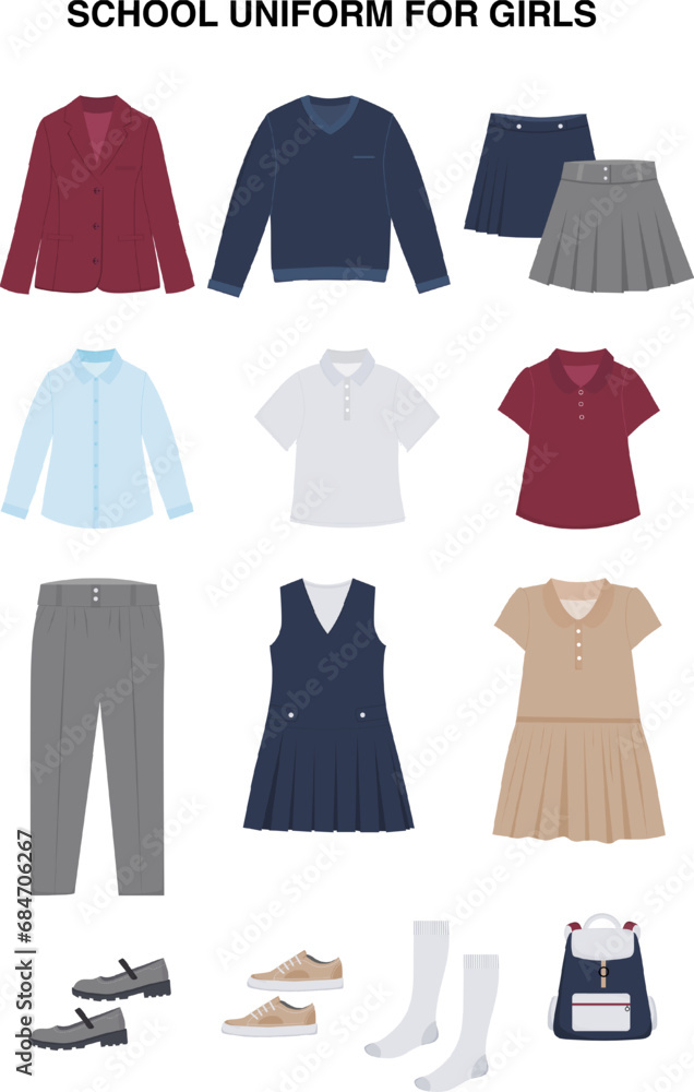 School uniform for schoolgirl, teenager, student. Essential Girl's Clothes. Shirt, t shirt, dress, skirt, jacket, pullover. Vector illustration on white background. School uniform for schoolgirl, teenager, student. Essential Girl's Clothes. Shirt, t shirt, dress, skirt, jacket, pullover. Vector illustration on white background.