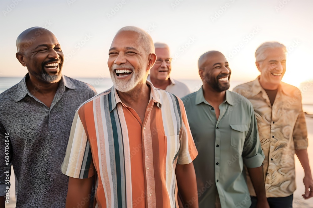 group of senior men walking on the beach happily group of senior men walking on the beach happily