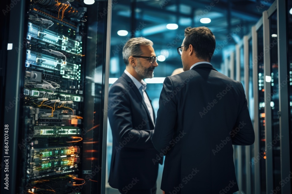 Fototapeta premium Businessmen In Data Center Discussing Network Security