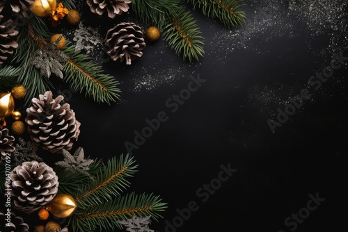 Christmas Frame With Spruce Branches And Cones With Black Background.   oncept Christmas Frame  Spruce Branches  Cones  Black Background