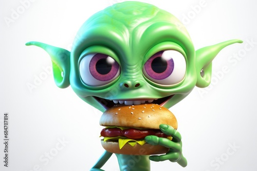 Cute Alien Holding Burger On White Background
