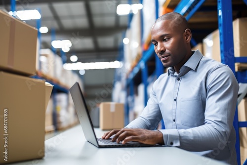 Efficient Warehouse Managers Laptop Work, Logistics Coordination, Fulfillment