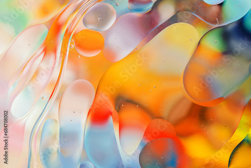 Close-up of the movement of oil droplets on the water surface. Colorful abstract macro background of oil drops on the water surface.