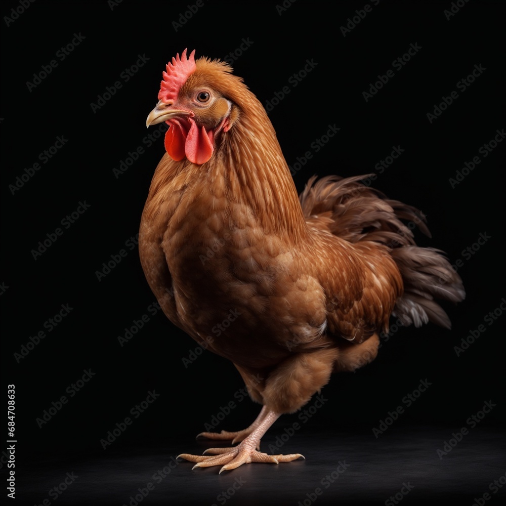 A full body of brown or red chicken hen standing isolated on a transparent black background.