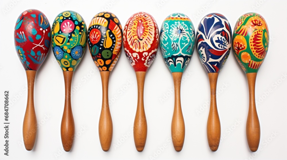 A set of wooden maracas, painted with vibrant patterns, creating a colorful contrast against a sheer white background.